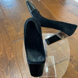 Prada black suede and patent pumps